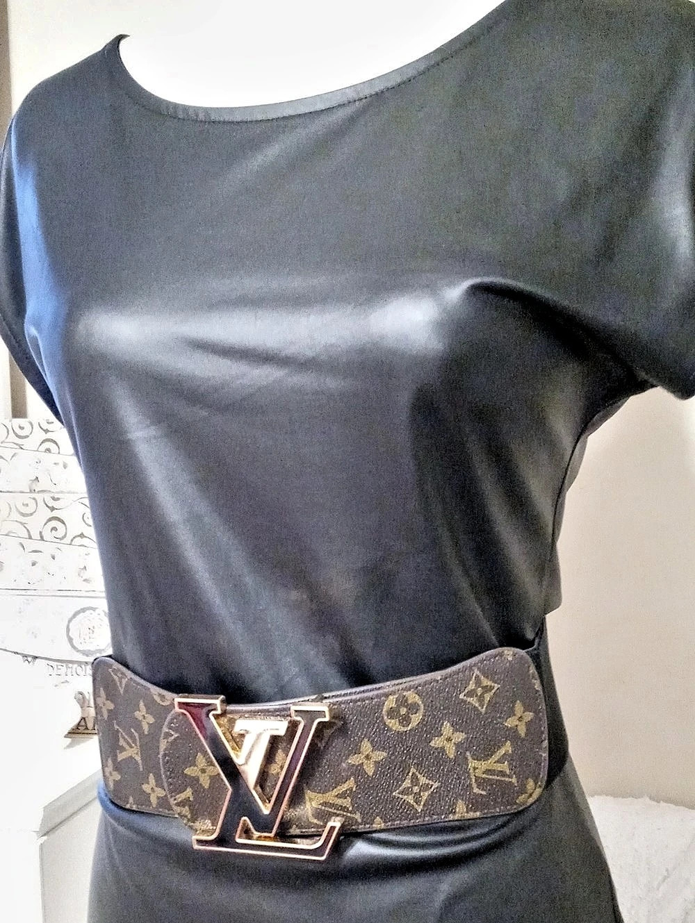 LV Monogram Elastic Stretch Belt in Brown & Black